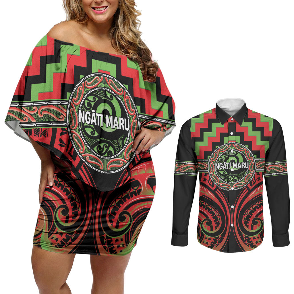 Aotearoa Ngati Maru Personalised Couples Matching Off Shoulder Short Dress and Long Sleeve Button Shirt Maori Iwi Poutama Puhoro Tattoo LT14 Red - Polynesian Pride