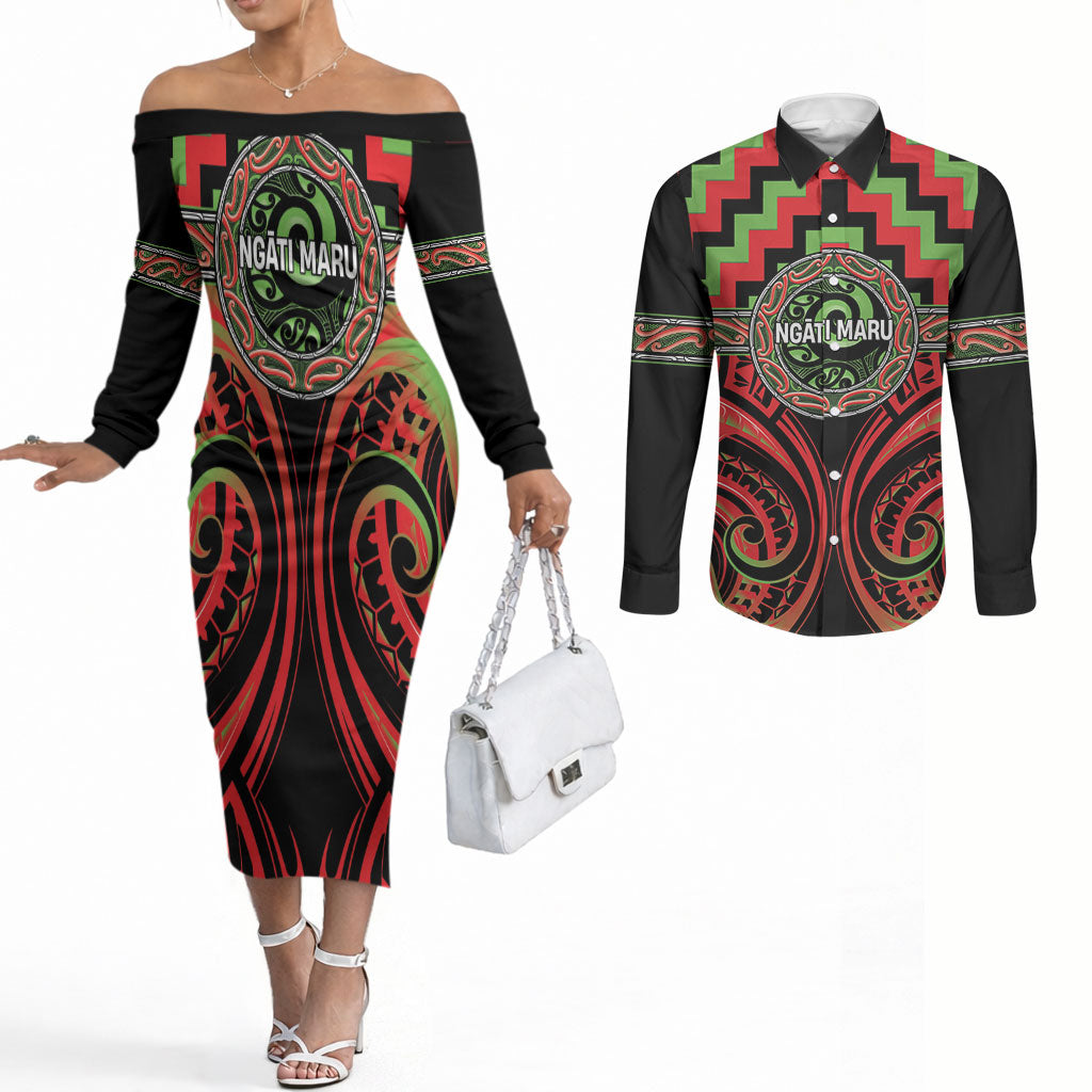 Aotearoa Ngati Maru Personalised Couples Matching Off The Shoulder Long Sleeve Dress and Long Sleeve Button Shirt Maori Iwi Poutama Puhoro Tattoo LT14 Red - Polynesian Pride