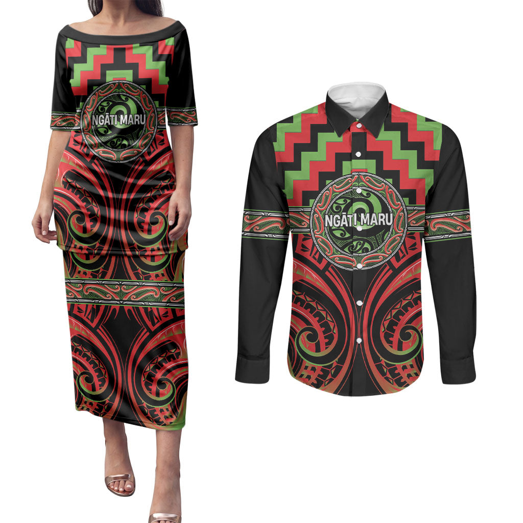 Aotearoa Ngati Maru Personalised Couples Matching Puletasi and Long Sleeve Button Shirt Maori Iwi Poutama Puhoro Tattoo LT14 Red - Polynesian Pride