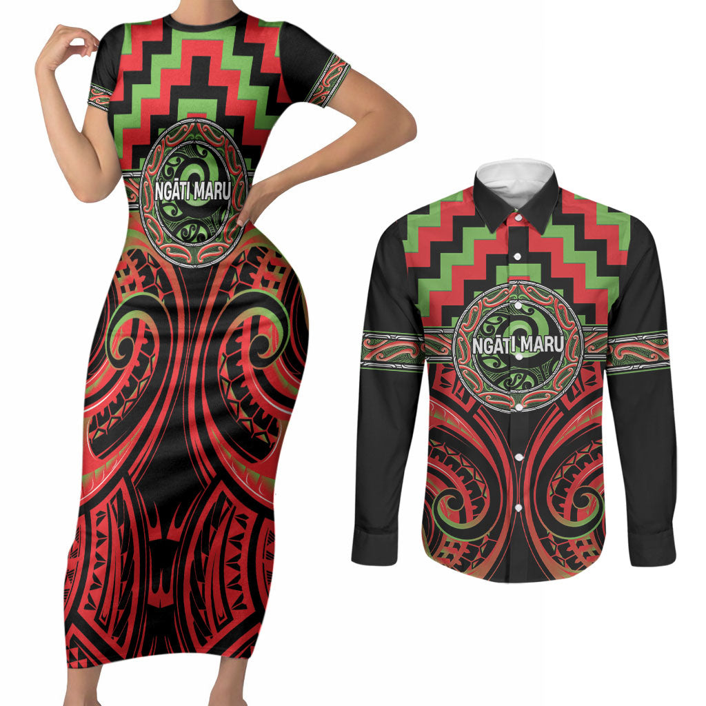 Aotearoa Ngati Maru Personalised Couples Matching Short Sleeve Bodycon Dress and Long Sleeve Button Shirt Maori Iwi Poutama Puhoro Tattoo LT14 Red - Polynesian Pride