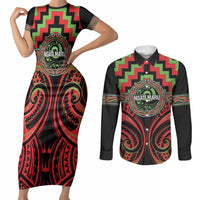 Aotearoa Ngati Maru Personalised Couples Matching Short Sleeve Bodycon Dress and Long Sleeve Button Shirt Maori Iwi Poutama Puhoro Tattoo LT14 Red - Polynesian Pride