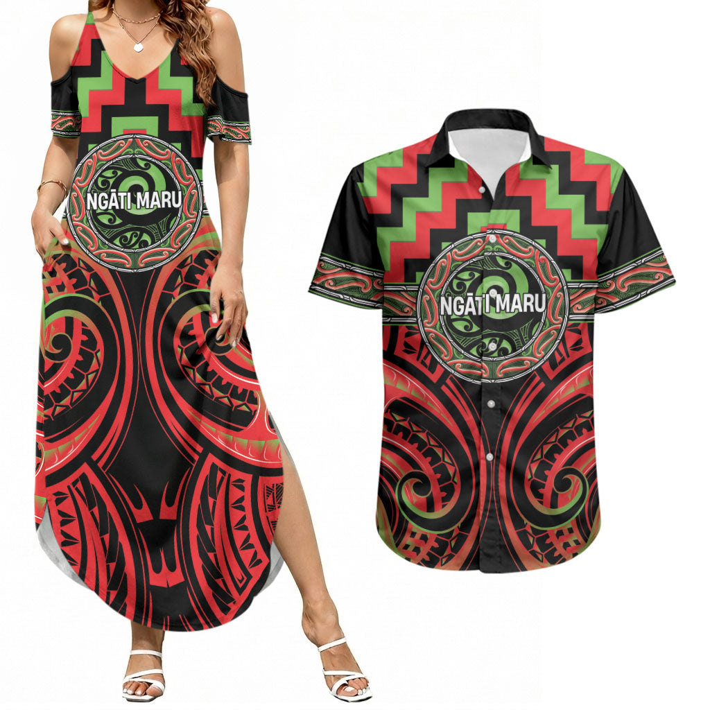 Aotearoa Ngati Maru Personalised Couples Matching Summer Maxi Dress and Hawaiian Shirt Maori Iwi Poutama Puhoro Tattoo LT14 Red - Polynesian Pride