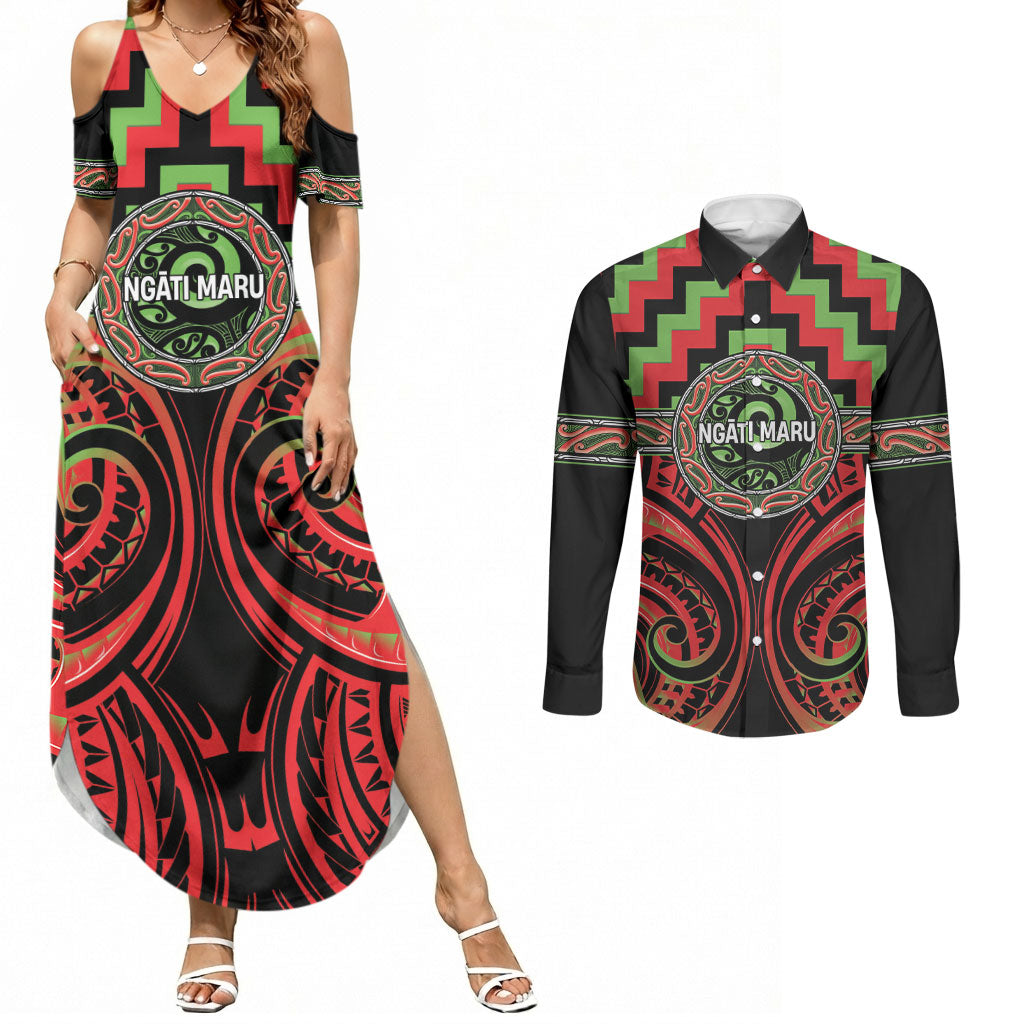 Aotearoa Ngati Maru Personalised Couples Matching Summer Maxi Dress and Long Sleeve Button Shirt Maori Iwi Poutama Puhoro Tattoo LT14 Red - Polynesian Pride