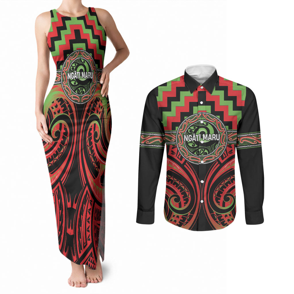 Aotearoa Ngati Maru Personalised Couples Matching Tank Maxi Dress and Long Sleeve Button Shirt Maori Iwi Poutama Puhoro Tattoo LT14 Red - Polynesian Pride
