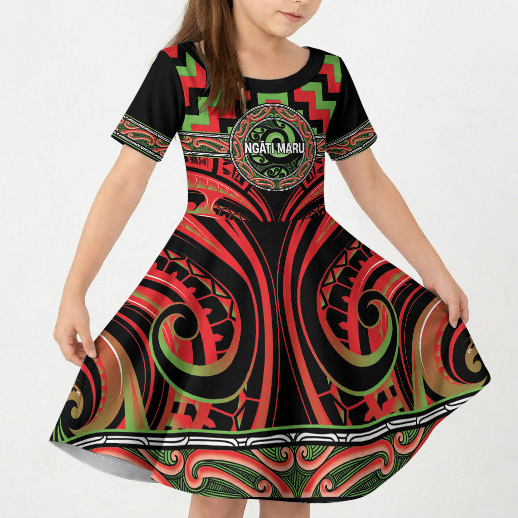 Aotearoa Ngati Maru Personalised Kid Short Sleeve Dress Maori Iwi Poutama Puhoro Tattoo LT14 KID Red - Polynesian Pride