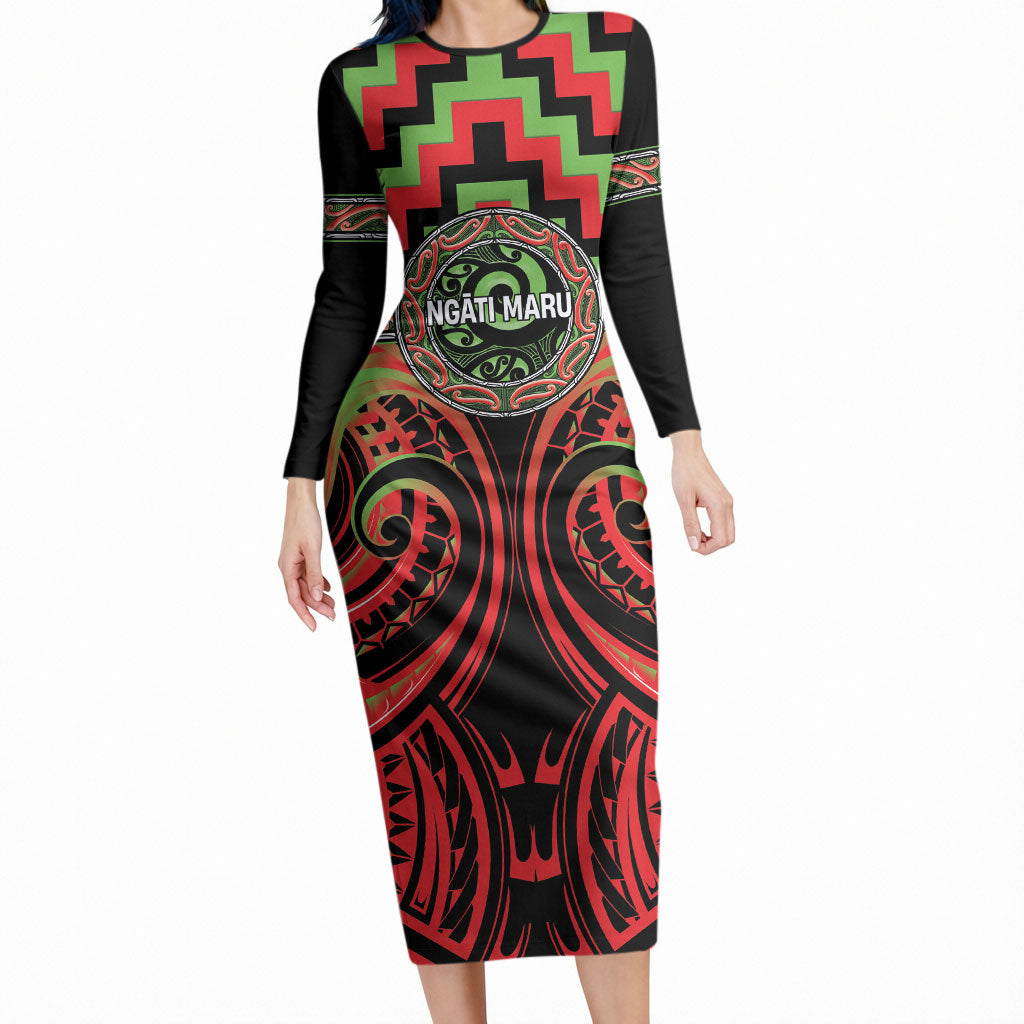 Aotearoa Ngati Maru Personalised Long Sleeve Bodycon Dress Maori Iwi Poutama Puhoro Tattoo LT14 Long Dress Red - Polynesian Pride