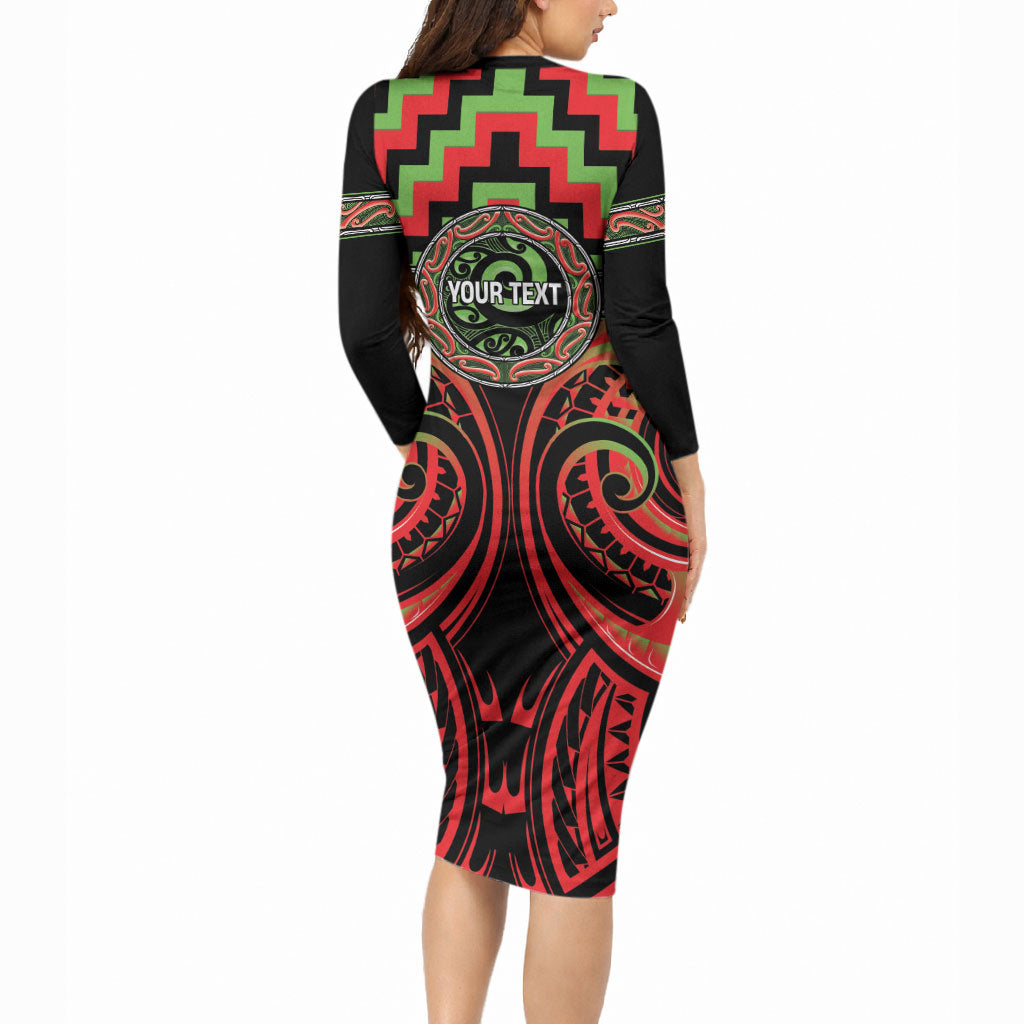 Aotearoa Ngati Maru Personalised Long Sleeve Bodycon Dress Maori Iwi Poutama Puhoro Tattoo LT14 - Polynesian Pride