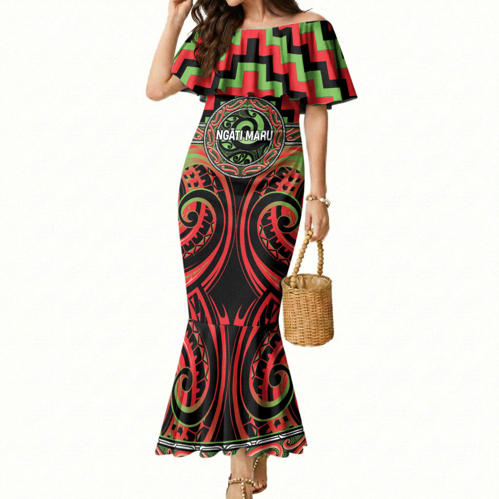 Aotearoa Ngati Maru Personalised Mermaid Dress Maori Iwi Poutama Puhoro Tattoo LT14 Women Red - Polynesian Pride