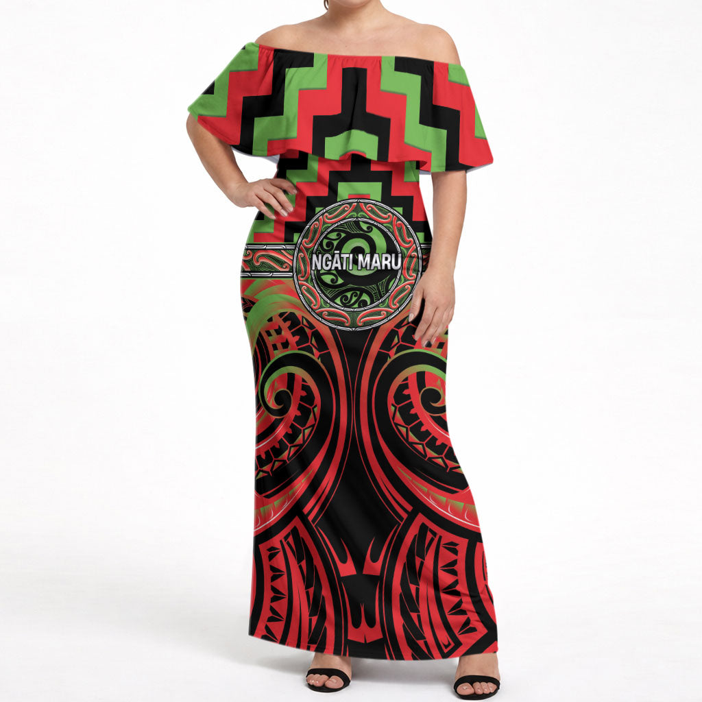 Aotearoa Ngati Maru Personalised Off Shoulder Maxi Dress Maori Iwi Poutama Puhoro Tattoo LT14 Women Red - Polynesian Pride