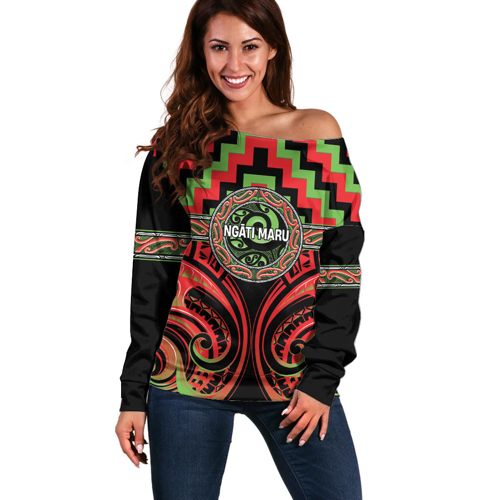 Aotearoa Ngati Maru Personalised Off Shoulder Sweater Maori Iwi Poutama Puhoro Tattoo LT14 Women Red - Polynesian Pride