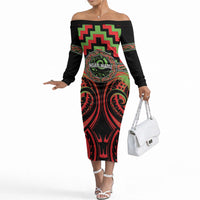 Aotearoa Ngati Maru Personalised Off The Shoulder Long Sleeve Dress Maori Iwi Poutama Puhoro Tattoo LT14 Women Red - Polynesian Pride