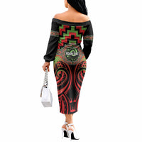 Aotearoa Ngati Maru Personalised Off The Shoulder Long Sleeve Dress Maori Iwi Poutama Puhoro Tattoo LT14 - Polynesian Pride