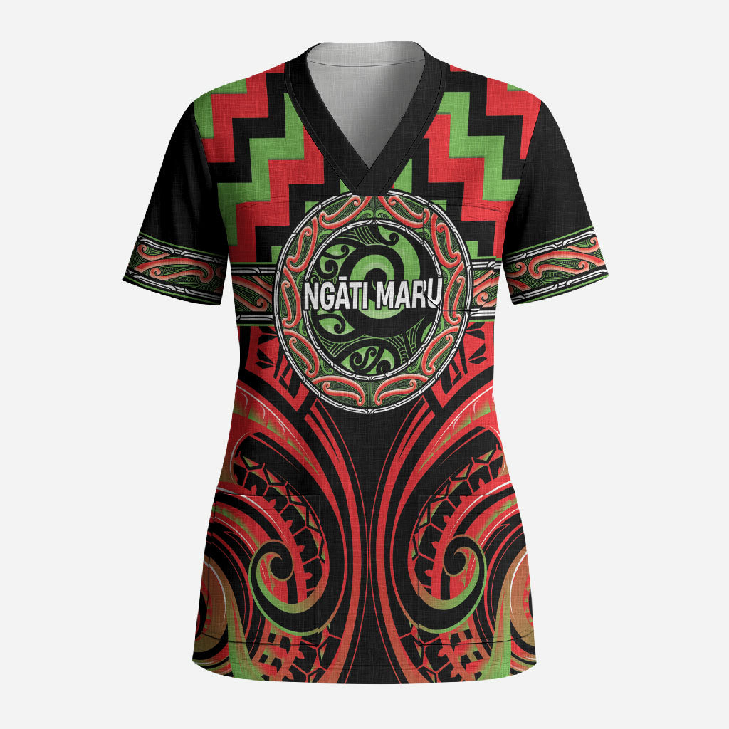Aotearoa Ngati Maru Personalised Scrub Top Maori Iwi Poutama Puhoro Tattoo LT14 Adult Red - Polynesian Pride