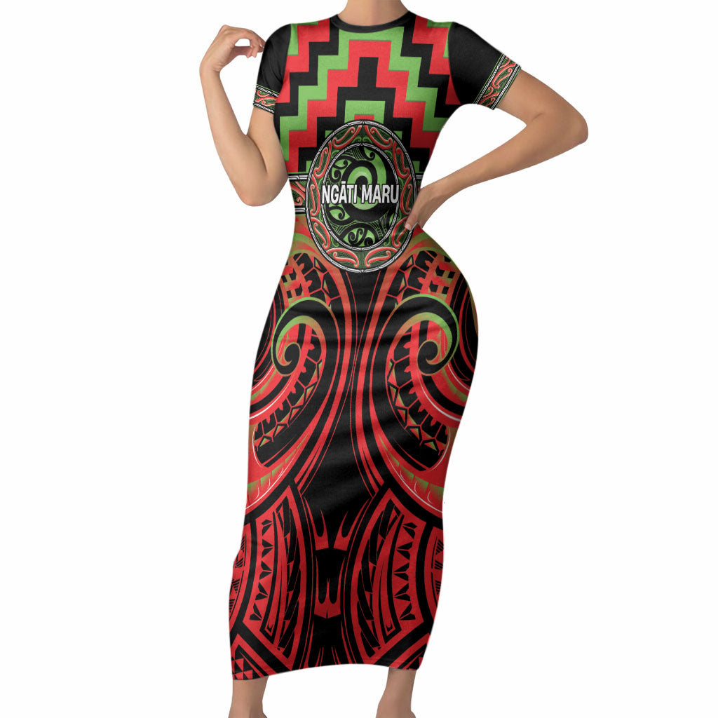 Aotearoa Ngati Maru Personalised Short Sleeve Bodycon Dress Maori Iwi Poutama Puhoro Tattoo LT14 Long Dress Red - Polynesian Pride