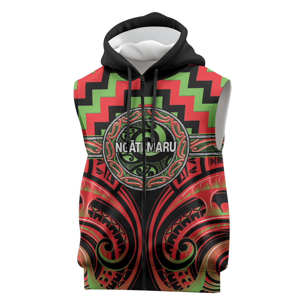 Aotearoa Ngati Maru Personalised Sleeveless Zip Hoodie Maori Iwi Poutama Puhoro Tattoo LT14 Red - Polynesian Pride
