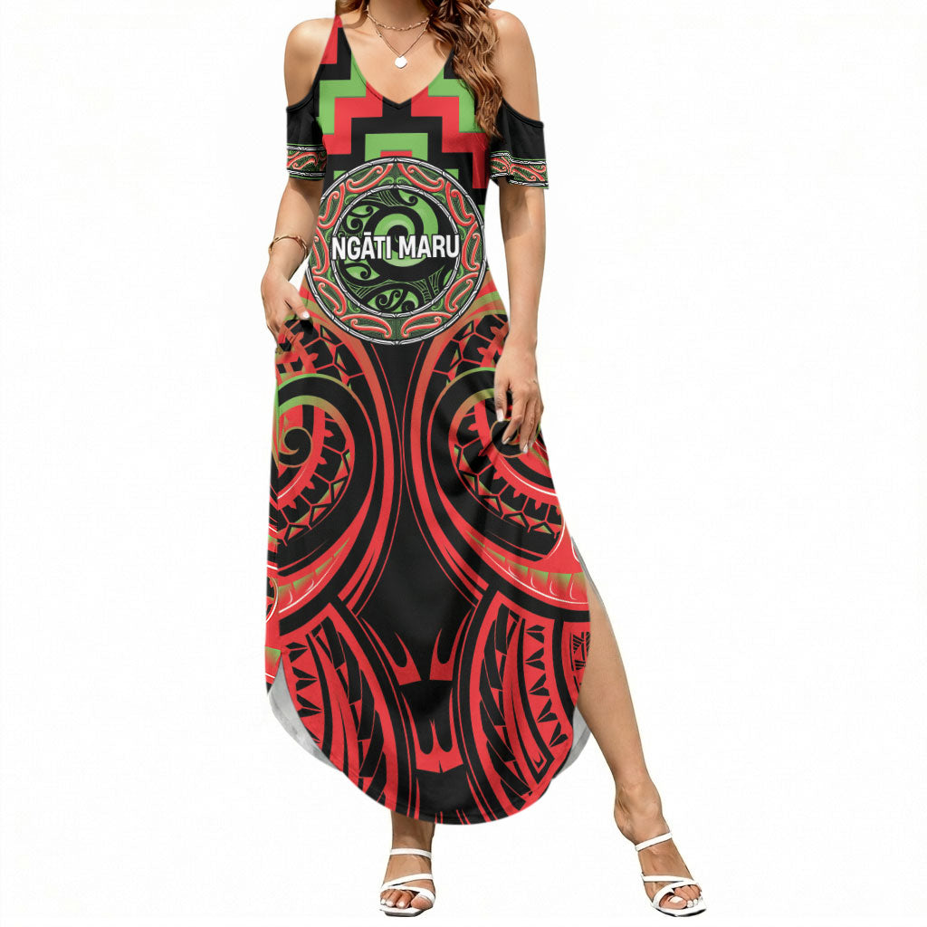 Aotearoa Ngati Maru Personalised Summer Maxi Dress Maori Iwi Poutama Puhoro Tattoo LT14 Women Red - Polynesian Pride