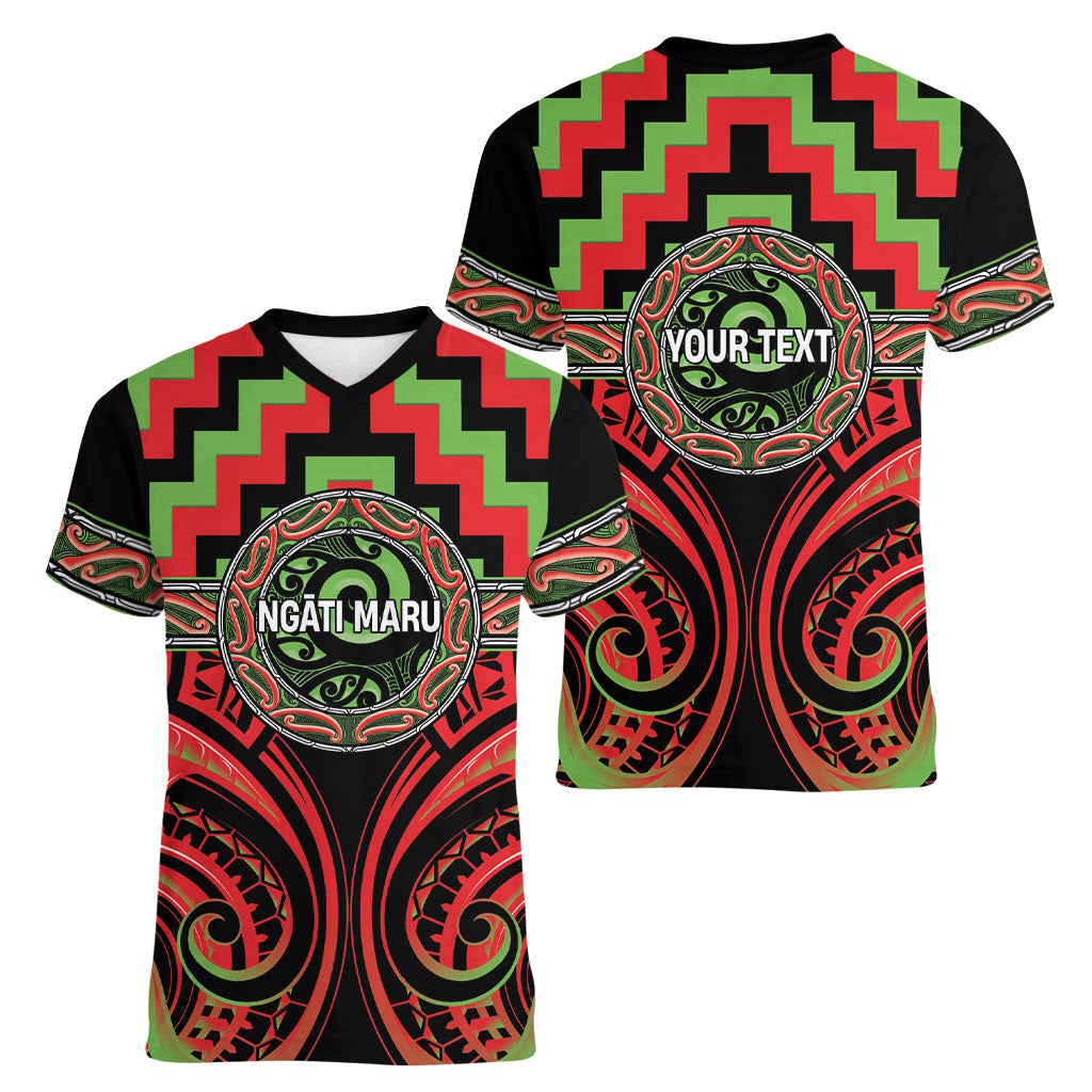 Aotearoa Ngati Maru Personalised Women V-Neck T-Shirt Maori Iwi Poutama Puhoro Tattoo LT14 - Polynesian Pride