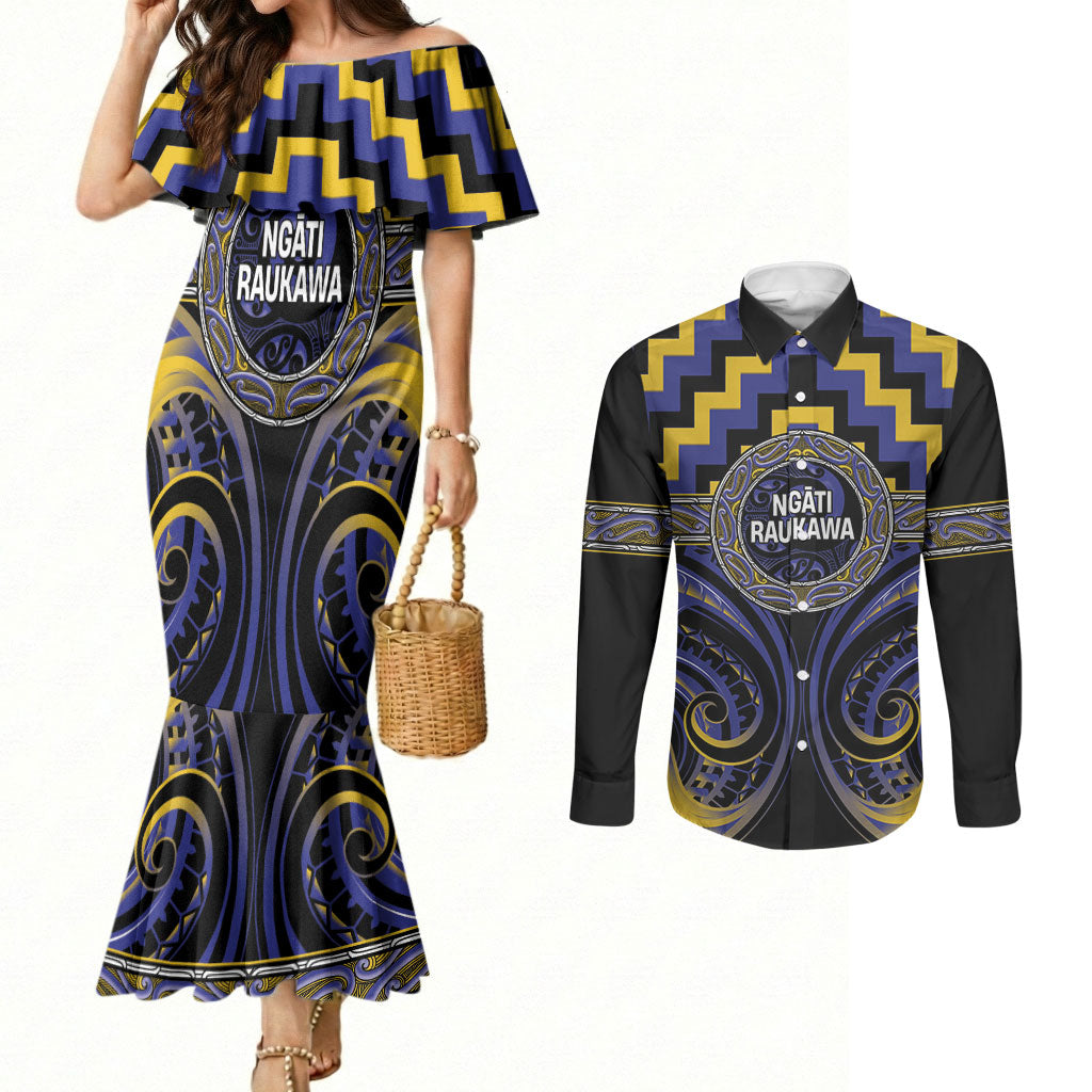 Aotearoa Ngati Raukawa Personalised Couples Matching Mermaid Dress and Long Sleeve Button Shirt Maori Iwi Poutama Puhoro Tattoo LT14 Blue - Polynesian Pride