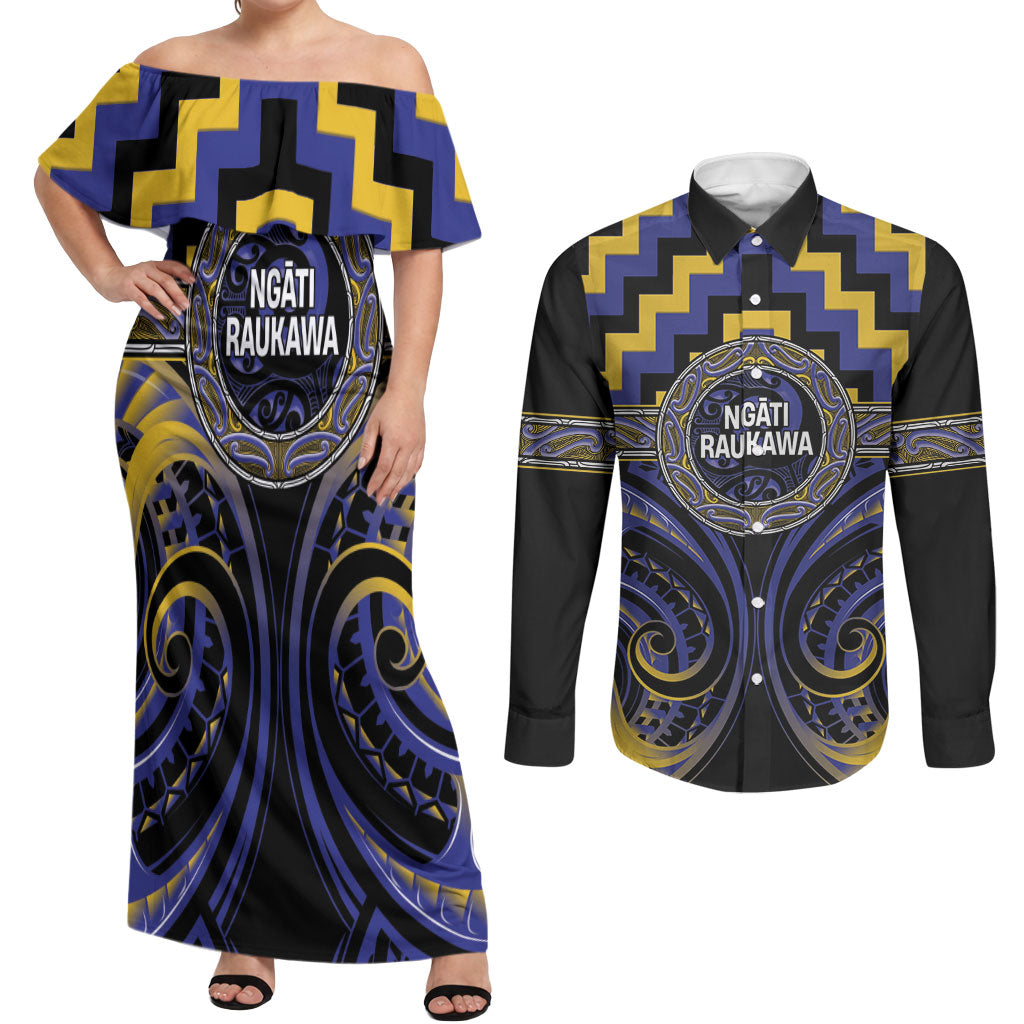Aotearoa Ngati Raukawa Personalised Couples Matching Off Shoulder Maxi Dress and Long Sleeve Button Shirt Maori Iwi Poutama Puhoro Tattoo LT14 Blue - Polynesian Pride