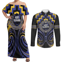 Aotearoa Ngati Raukawa Personalised Couples Matching Off Shoulder Maxi Dress and Long Sleeve Button Shirt Maori Iwi Poutama Puhoro Tattoo LT14 Blue - Polynesian Pride