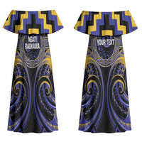 Aotearoa Ngati Raukawa Personalised Couples Matching Off Shoulder Maxi Dress and Long Sleeve Button Shirt Maori Iwi Poutama Puhoro Tattoo LT14 - Polynesian Pride
