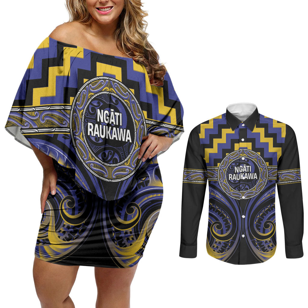 Aotearoa Ngati Raukawa Personalised Couples Matching Off Shoulder Short Dress and Long Sleeve Button Shirt Maori Iwi Poutama Puhoro Tattoo LT14 Blue - Polynesian Pride