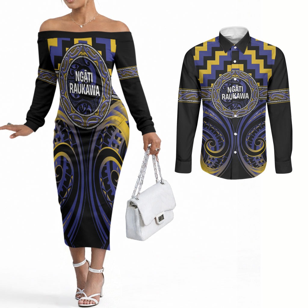 Aotearoa Ngati Raukawa Personalised Couples Matching Off The Shoulder Long Sleeve Dress and Long Sleeve Button Shirt Maori Iwi Poutama Puhoro Tattoo LT14 Blue - Polynesian Pride