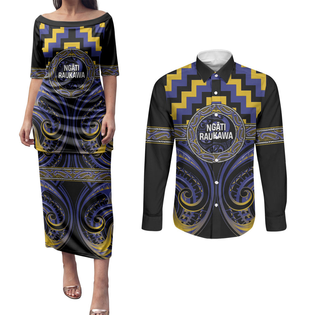 Aotearoa Ngati Raukawa Personalised Couples Matching Puletasi and Long Sleeve Button Shirt Maori Iwi Poutama Puhoro Tattoo LT14 Blue - Polynesian Pride