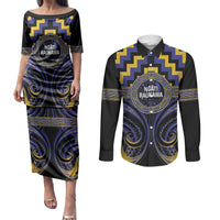 Aotearoa Ngati Raukawa Personalised Couples Matching Puletasi and Long Sleeve Button Shirt Maori Iwi Poutama Puhoro Tattoo LT14 Blue - Polynesian Pride