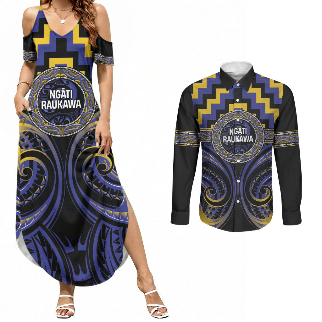Aotearoa Ngati Raukawa Personalised Couples Matching Summer Maxi Dress and Long Sleeve Button Shirt Maori Iwi Poutama Puhoro Tattoo LT14 Blue - Polynesian Pride