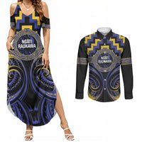 Aotearoa Ngati Raukawa Personalised Couples Matching Summer Maxi Dress and Long Sleeve Button Shirt Maori Iwi Poutama Puhoro Tattoo LT14 Blue - Polynesian Pride