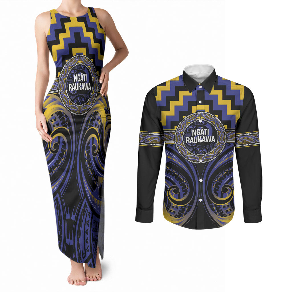 Aotearoa Ngati Raukawa Personalised Couples Matching Tank Maxi Dress and Long Sleeve Button Shirt Maori Iwi Poutama Puhoro Tattoo LT14 Blue - Polynesian Pride