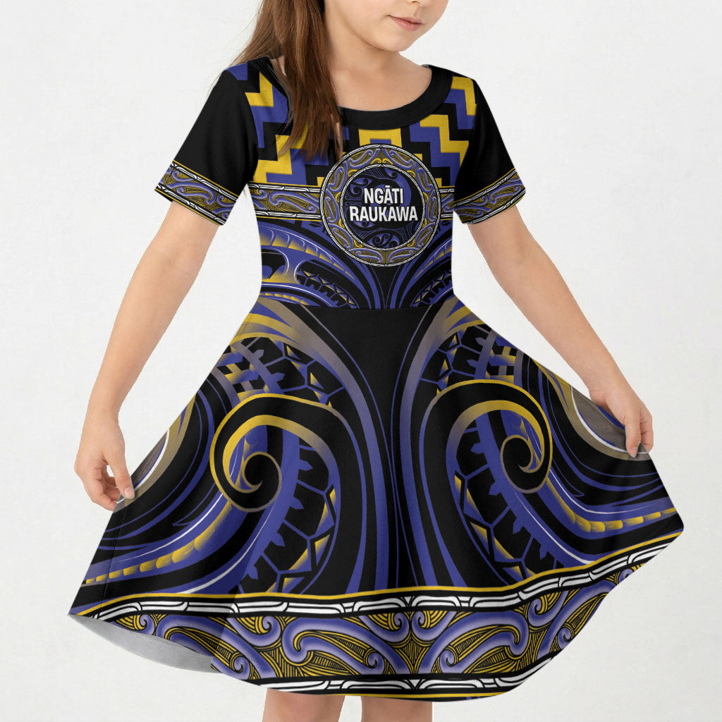 Aotearoa Ngati Raukawa Personalised Kid Short Sleeve Dress Maori Iwi Poutama Puhoro Tattoo LT14 KID Blue - Polynesian Pride