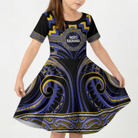 Aotearoa Ngati Raukawa Personalised Kid Short Sleeve Dress Maori Iwi Poutama Puhoro Tattoo LT14 KID Blue - Polynesian Pride