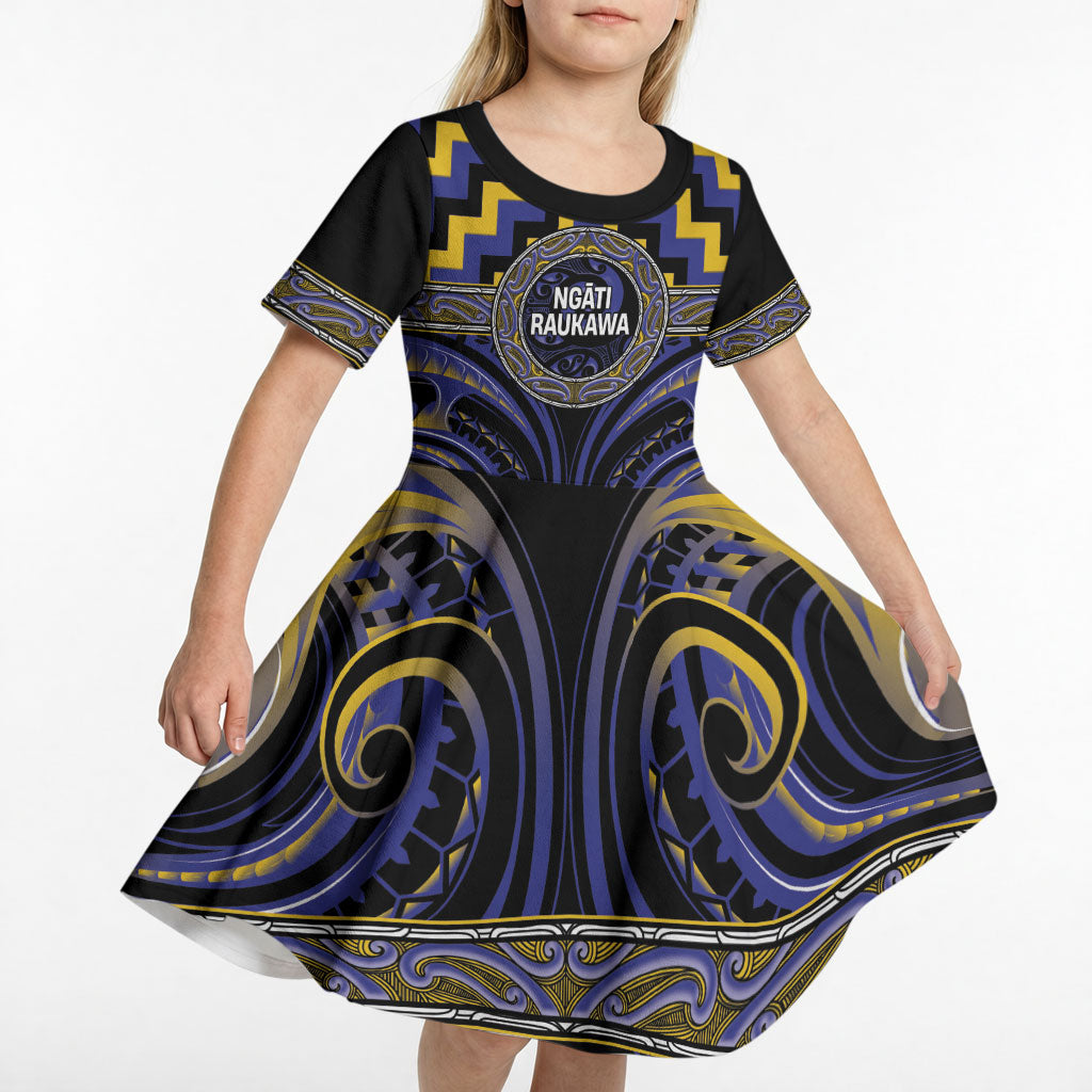 Aotearoa Ngati Raukawa Personalised Kid Short Sleeve Dress Maori Iwi Poutama Puhoro Tattoo LT14 - Polynesian Pride