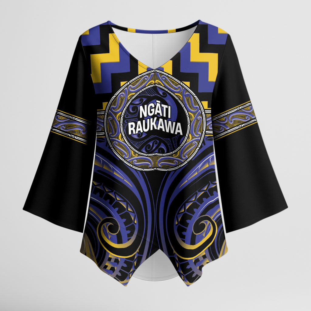 Aotearoa Ngati Raukawa Personalised Kimono Sleeve Blouse Maori Iwi Poutama Puhoro Tattoo LT14 Female Blue - Polynesian Pride