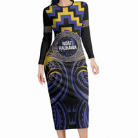 Aotearoa Ngati Raukawa Personalised Long Sleeve Bodycon Dress Maori Iwi Poutama Puhoro Tattoo LT14 Long Dress Blue - Polynesian Pride