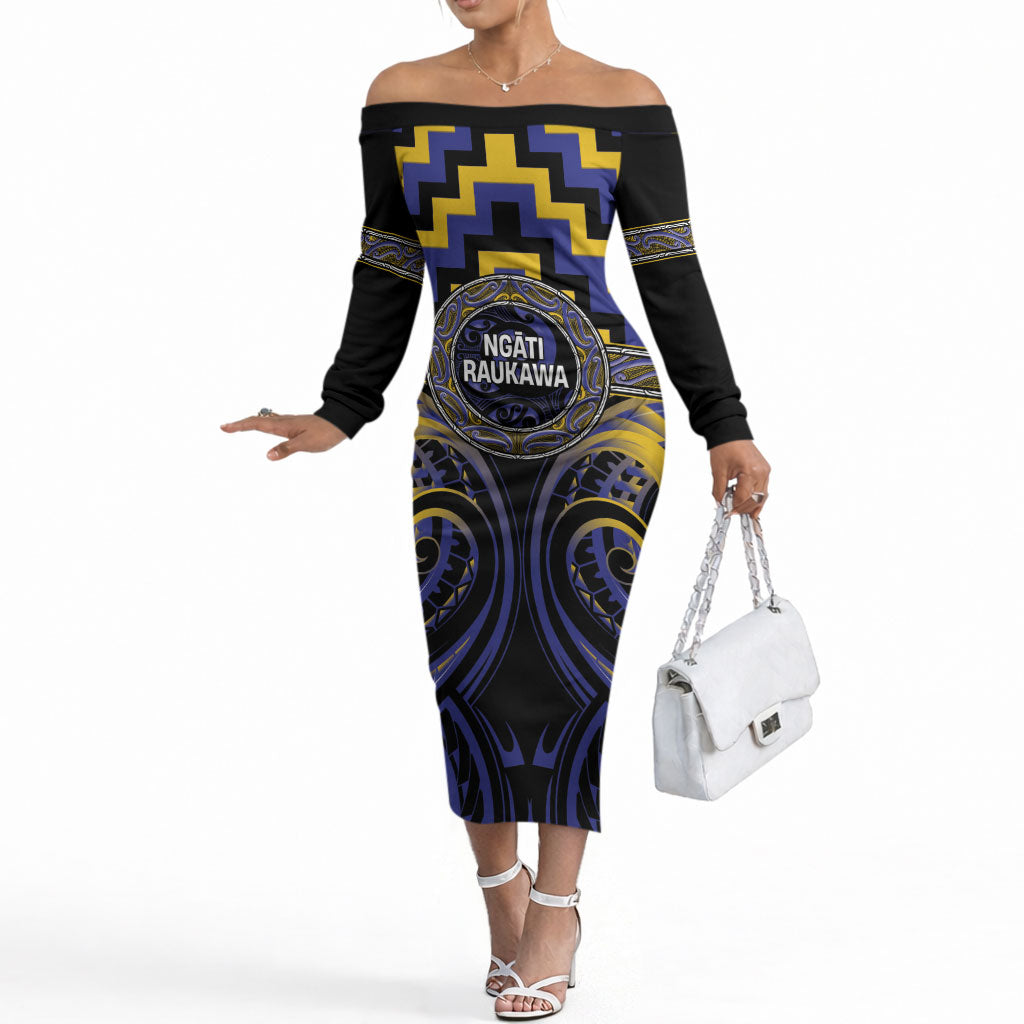 Aotearoa Ngati Raukawa Personalised Off The Shoulder Long Sleeve Dress Maori Iwi Poutama Puhoro Tattoo LT14 Women Blue - Polynesian Pride