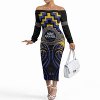 Aotearoa Ngati Raukawa Personalised Off The Shoulder Long Sleeve Dress Maori Iwi Poutama Puhoro Tattoo LT14 Women Blue - Polynesian Pride