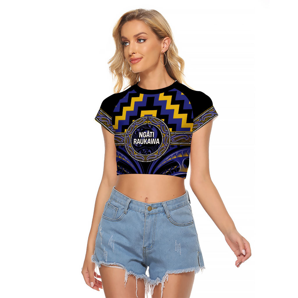 Aotearoa Ngati Raukawa Personalised Raglan Cropped T Shirt Maori Iwi Poutama Puhoro Tattoo LT14 Female Blue - Polynesian Pride