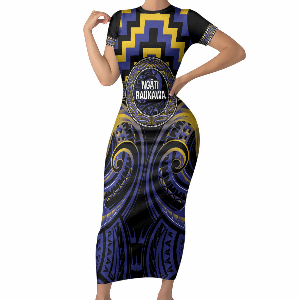 Aotearoa Ngati Raukawa Personalised Short Sleeve Bodycon Dress Maori Iwi Poutama Puhoro Tattoo LT14 Long Dress Blue - Polynesian Pride