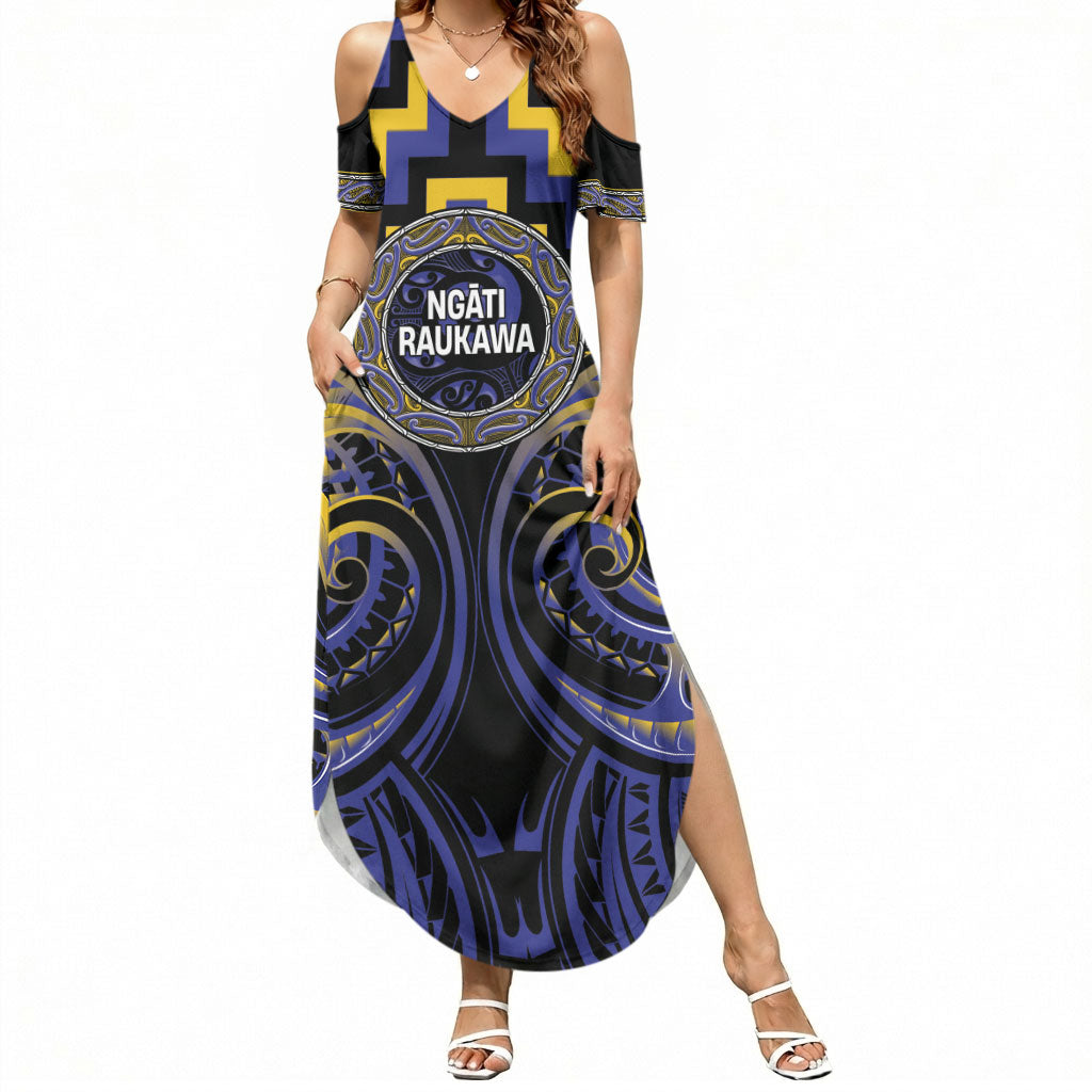 Aotearoa Ngati Raukawa Personalised Summer Maxi Dress Maori Iwi Poutama Puhoro Tattoo LT14 Women Blue - Polynesian Pride