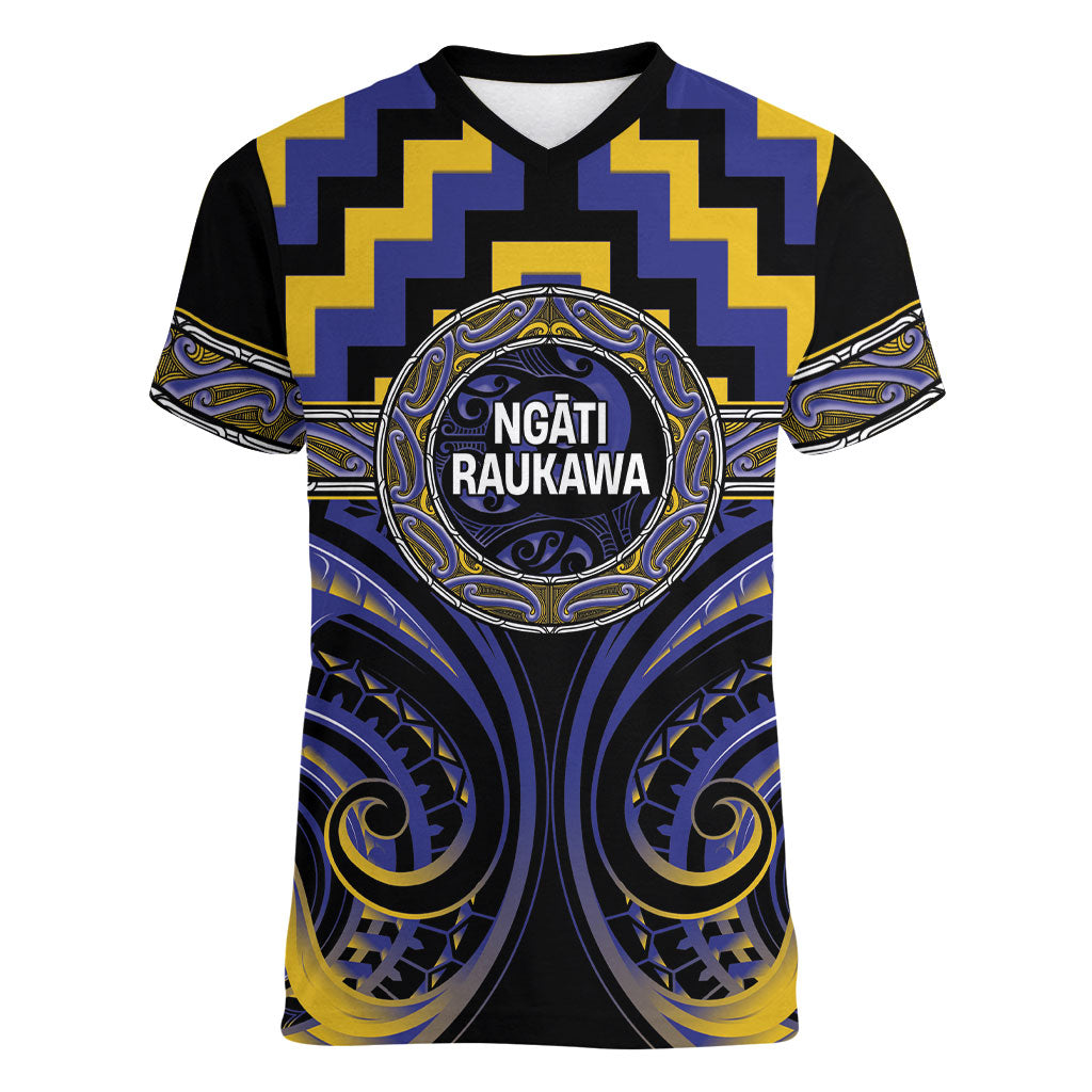 Aotearoa Ngati Raukawa Personalised Women V-Neck T-Shirt Maori Iwi Poutama Puhoro Tattoo LT14 Female Blue - Polynesian Pride