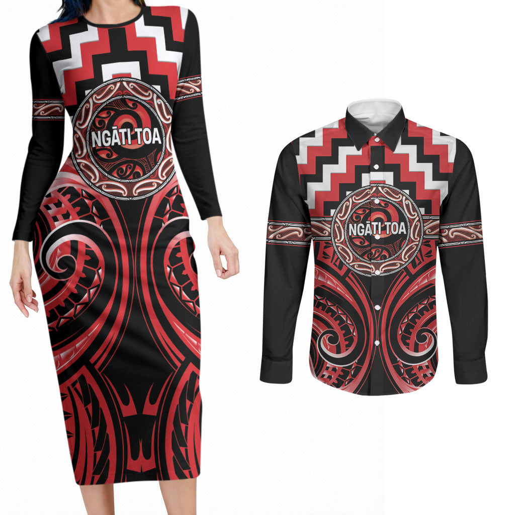 Aotearoa Ngati Toa Personalised Couples Matching Long Sleeve Bodycon Dress and Long Sleeve Button Shirt Maori Iwi Poutama Puhoro Tattoo LT14 Red - Polynesian Pride