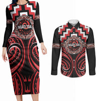 Aotearoa Ngati Toa Personalised Couples Matching Long Sleeve Bodycon Dress and Long Sleeve Button Shirt Maori Iwi Poutama Puhoro Tattoo LT14 Red - Polynesian Pride