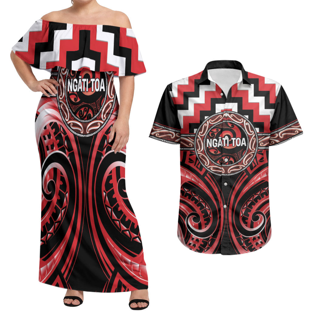 Aotearoa Ngati Toa Personalised Couples Matching Off Shoulder Maxi Dress and Hawaiian Shirt Maori Iwi Poutama Puhoro Tattoo LT14 Red - Polynesian Pride