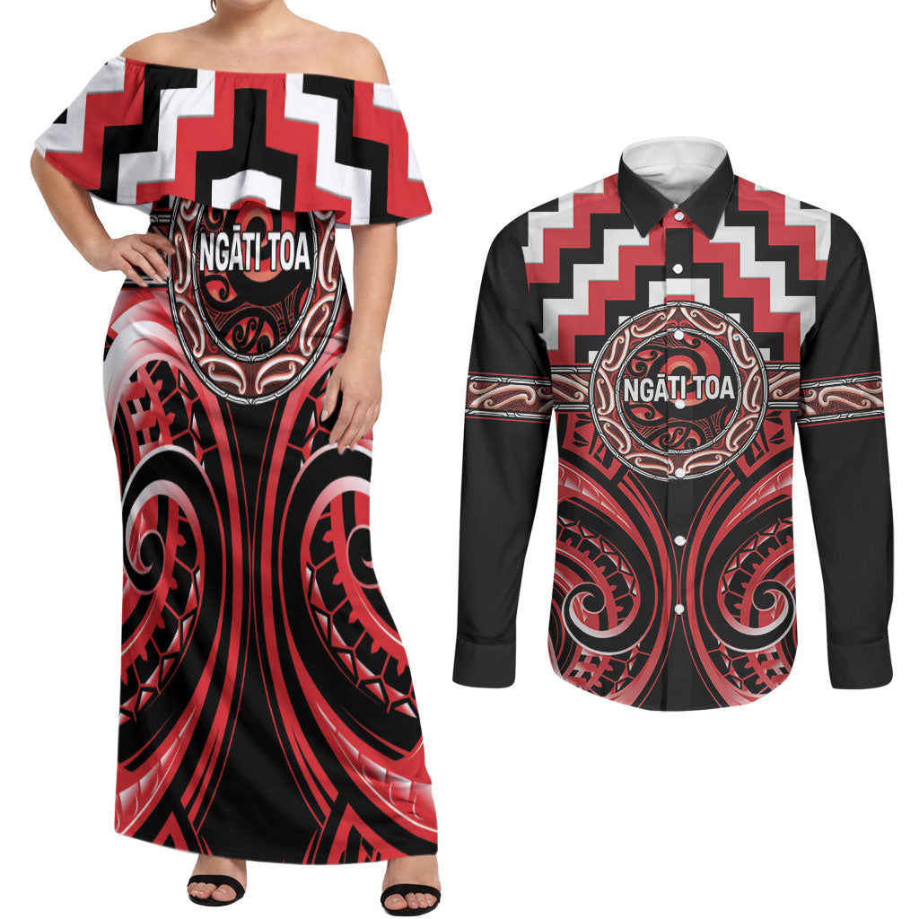 Aotearoa Ngati Toa Personalised Couples Matching Off Shoulder Maxi Dress and Long Sleeve Button Shirt Maori Iwi Poutama Puhoro Tattoo LT14 Red - Polynesian Pride