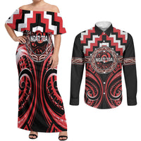 Aotearoa Ngati Toa Personalised Couples Matching Off Shoulder Maxi Dress and Long Sleeve Button Shirt Maori Iwi Poutama Puhoro Tattoo LT14 Red - Polynesian Pride