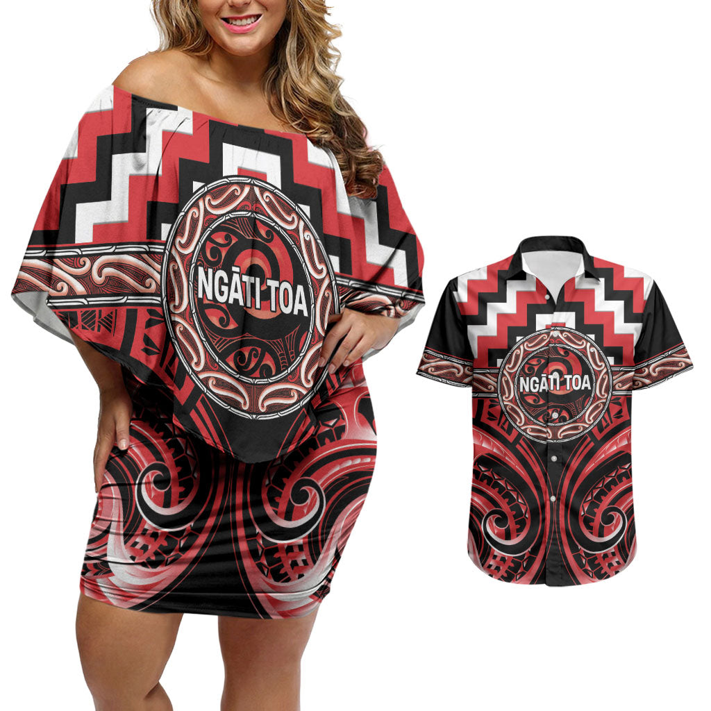 Aotearoa Ngati Toa Personalised Couples Matching Off Shoulder Short Dress and Hawaiian Shirt Maori Iwi Poutama Puhoro Tattoo LT14 Red - Polynesian Pride