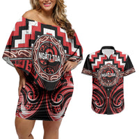 Aotearoa Ngati Toa Personalised Couples Matching Off Shoulder Short Dress and Hawaiian Shirt Maori Iwi Poutama Puhoro Tattoo LT14 Red - Polynesian Pride